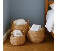 JSH Storage Baskets Set of 3 | Natural Woven Seagrass Round Home Organisers | Perfect For Logs, Kids Toys, Towels, Toilet Rolls, Bathroom | Small Medium Large | Various Styles (Dim Jhuri)