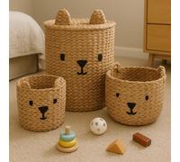 JSH Teddy Bear Storage Baskets & Rug | Round Woven Natural Seagrass Jute | Cute Home Decor | Perfect for Nursery, Play Room, Baby, Toddler, Kids Bedroom | Basket & Rug Available (Baskets)
