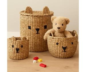 JSH Teddy Bear Storage Baskets & Rug | Round Woven Natural Seagrass Jute | Cute Home Decor | Perfect for Nursery, Play Room, Baby, Toddler, Kids Bedroom | Basket & Rug Available (Baskets)