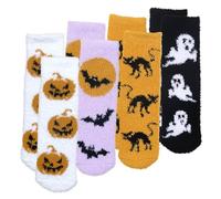 JSHDUSA Halloween Fluff-y Socks | 4 Pair Soft Fluff-y Pumpkin Socks | Halloween Cartoon Novelty Sleeping Socks, Non-slip Halloween Warm Floor Socks