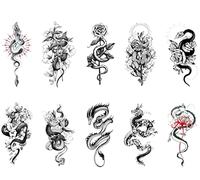 JSHEN 10 Sheets Temporary Tattoos For Women Men Arm Neck Flower Snake, Dragon 11.4x21cm Fake Tattoos For Adults Kids 3D Temp Realistic Waterproof Hands Face Body Art Tatoo Stickers