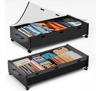 JSHNE Wooden UnderBed Storage with Wheels, 80L Extra-large Rolling Under the Bed Storage Bins 2 Pack with Removable Lid, Upgrade Metal Under Bed Drawers for Clothes Shoes (Black Wood-2pack)