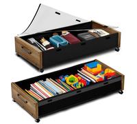 JSHNE Wooden UnderBed Storage with Wheels, 80L Extra-large Rolling Under the Bed Storage Bins 2 Pack with Removable Lid, Upgrade Metal Under Bed Drawers for Clothes Shoes (Walnut Brown-2pack)