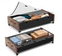 JSHNE Wooden UnderBed Storage with Wheels, 80L Extra-large Rolling Under the Bed Storage Bins 2 Pack with Removable Lid, Upgrade Metal Under Bed Drawers for Clothes Shoes (Vintage Brown-2pack)