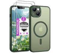 Jshru For iPhone 14, Case with 2 Pieces Tempered Glass, Compatible with Magsafe Camera Protection, Thin Magnetic Mobile Phone Case, Military Protection, Shockproof Protective Case, Matte Translucent