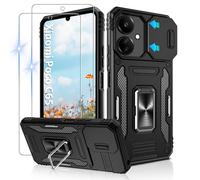 Jshru for Poco C65 Case with Screen Protector | Camera Protective Cover | Ring Stand,Phone Case for Men and Women | Shockproof Bumper Phone Cover for Xiaomi Poco C65,Black