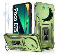 Jshru for Poco C75 Phone Case with Screen Protector | Camera Protective Cover | Built-in Ring Stand,Shockproof Bumper Phone Cover,Xiaomi Poco C75-Olive Green