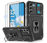 Jshru for Samsung S21 FE Case with Screen Protector-Camera Protective Cover, Ring Stand Phone Case for Men and Women,Shockproof Bumper Phone Cover for Samsung Galaxy S21 FE,Black