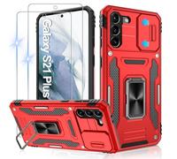 Jshru Mobile Phone Case for Samsung Galaxy S 21 Plus, Camera Protection with 2 Protective Films, Military Standard, Shockproof, 360° Metal Ring Stand Case for Samsung S21Plus, Red