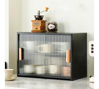 JSLJDM Small Bamboo Kitchen Pantry Sideboard,Countertop storage cabinet, acrylic sliding cabinet door, Freestanding Countertop for Spice Seasoning Bottles, Bowl,Dish 45x28x34cm-with partition black