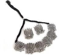 JSMA CARE Oxidised Silver Ethnic Afghani Lotus Style Choker Necklace |Traditional Tribal Antique Necklace Set For Women