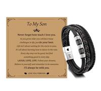 JSNOM Leather Bracelets for Dad Son: Handmade Braided Multi-Layer Wristband with Jewelry Gift Box and Card, Christmas Birthday Fathers Day Gift for Husband Grandson Man (Son-8.3inch)