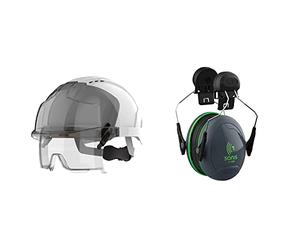 JSP - EVO VISTAlens Safety Helmet with Integrated Eyewear - Vented, White/Smoke & Sonis 1 Helmet Mounted Ear Defenders - SNR 26 - (AEB010-0CY-800)