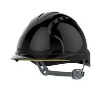 JSP EVO3 Comfort Safety Helmet Hard Hat Slip Ratchet Vented Black, UK made | Protection for construction, building and industry. Comfort Plus fabric harness for enhanced wearer comfort. EN397 certified.