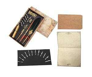 Jspondivague Feather Pen Set with Metal Carved Pen Holder, Retro British Writing Suit Including Dip Pen and Wax Seal Stamp, Elegant Gift Box for Teachers Couples Elders (SP248035R dark green)