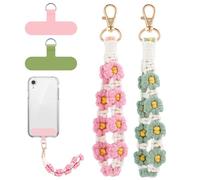 Jspupifip 2 PCS Boho Macrame Phone Wrist Strap, Cute Cell Phone Lanyard with Tether Tab Floral Smartphone Wristlet Bracelet Keychain Anti Theft Strap for Women (Pink and Green)