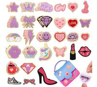 Jspupifip 40 Pcs Chenille Embroidered Patches, Self Adhesive Glitter Patches Heart Stars Rainbows Butterflies Cat Paws Diamonds Lightning Smile Fabric Stickers for Clothes Repair Decor Accessories