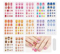 JSRQT 12 Sheets Nail Stickers for Kids Girls, Full Wrap Cartoon Nail Polish Sticker, Self Adhesive Nail Art Stickers Decals with File, Rainbow Heart Unicorn Strips
