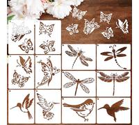 JSRQT 12Pcs Spring Stencils for Painting on Wood Craft Canvas Walls,Hummingbird Butterfly Dragonfly Drawing Template, Reusable DIY Home Decor Craft Stencil,5.6 x 4.1”
