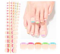 JSRQT 150Pcs French False Toenails, 5 Colors Full Cover Artificial Toe Nails with Handles, 3 in 1 X-Coat Tip Stick On Gel French Toe Nails for Women Girls, for DIY Nail Art at Home or Salon