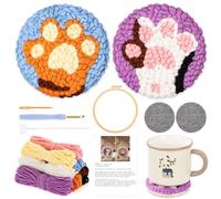 JSRQT 2 Pieces Punch Needle Coaster Kits, Rug Hooking Cross Stitch Beginner Kits for Adults with Cat Claw Pattern, DIY Craft Punch Needle Embroidery Starter Kit Coasters for Drinking Cup, Home Decor