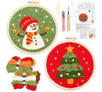 JSRQT 2 Sets Christmas Punch Needle Kit, Punch Needle Embroidery Kit | Christmas Punch Needle Starter Kit for Beginner Adult, Cross Stitch Craft Rug Hooking Beginner Kit with 2 Hoops, Tools