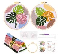JSRQT 2 Sets Punch Needle Embroidery Starter Kits Leaf Pattern Rug Hooking Handcraft DIY for Beginners Kids Adults Craft Tools Yarn with Hoops Instructions Pinch Cross Stitch