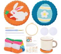 JSRQT 2Pcs Easter Punch Needle Coasters Kit, Punch Needle Starters Kit for Beginners with Bunny Egg Pattern, DIY Handmade Cross Stitch Rug Beginners Craft Coasters Kit with Punch Needle Tool Kit