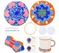 JSRQT 2Pcs Mandala Punch Needle Coaster Kit, Punch Needle Embroidery Starter Kit for Beginners Adults, DIY Craft Cross Stitch Rug Hooking Beginners Coaster Set with Embroidery Hoop and Instruction