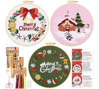 JSRQT 3 Sets Embroidery Starter Kits,Christmas Stamped Embroidery Kit, DIY Handmade Sewing Craft Needlepoint Kit for Beginners Adults