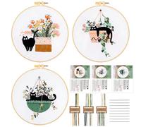 JSRQT 3 Sets Embroidery Starter Kits Full Range of Embroidery Kits with Cat Patterns DIY Cross Stitch Kit Stamped Embroidery Kit for Adults Beginners Hand Embroidery Practice Kit Craft Lover