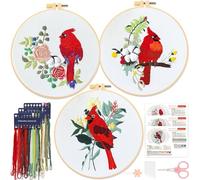JSRQT 3 Sets Full Range of Embroidery Kit for Adults Beginners Birds Flower Stamped DIY Cross Stitch Starter Stitch Craft Lover Sewing Needlepoint Handmade Practice Sampler Threads Hoop Instructions