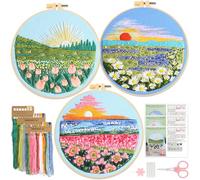 JSRQT 3 Sets Full Range of Embroidery Kit for Adults Beginners Landscape Stamped DIY Cross Stitch Starter Craft Lover Needlepoint Handmade Practice Sampler Threads Sewing with Hoop Instructions