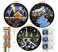 JSRQT 3Pcs Christmas Embroidery Kit for Beginner Adults, Stamped Cross Stitch Starter Kit with Snowy Landscape Design, Handmade Craft Needlepoint Embroidery with Hoop, Instruction, Needle and Threads