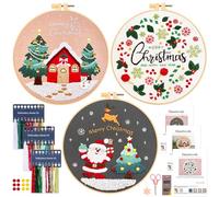 JSRQT 3Pcs Christmas Full Rang Embroidery Starter Kit, Stamped Cross Stitch Kit for Beginner Adults, Hand Embroidery Kit with Snow House Christmas Tree Candy Pattern, Embroidery Tool for Craft Supply