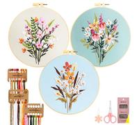 JSRQT 3Pcs Embroidery Kit for Beginner Adults, Stamped Cross Stitch Starter Kit with Flower Pattern, Handmade Needlepoint Embroidery Set with Hoop, Instruction, Needle and Threads