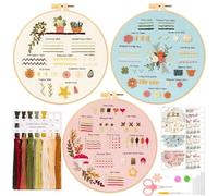 JSRQT 3Pcs Embroidery Kit for Beginner, Embroidery Stitch Practice Kit to Learn 30 Different Stitch, Flower Cross Stitch Kit Embroidery Starter Kit for Adult Kids with Video Hoop Needle Thread