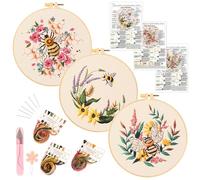 JSRQT 3Pcs Full Range Embroidery Starter Kit, Stamped Cross Stitch Kit for Beginner Adults with Bee Flower Design, Handmade Needlepoint Embroidery Set with Hoop, Instruction, Needle and Threads