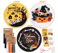 JSRQT 3Pcs Halloween Embroidery Kit for Beginner Adults, Cross Stitch Kit with Pumpkin Skeleton Pattern, Full Range Embroidery Starter Kit with Embroidery Tool, DIY Art Craft Embroidery Kit for Decor