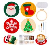 JSRQT 4Pcs Christmas Punch Needle Coaster Kit, Handmade Craft Cross Stitch Rug Hooking Beginner Kit for Adult Kids, Punch Needle Embroidery Coasters with Tool Sets, for Christmas Home Decor