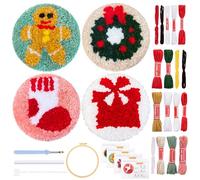 JSRQT 4Pcs Christmas Punch Needle Coasters Kit, Punch Needle Starter Kit for Beginner Adults with Sock Garland Gift Design, Rug Hooking Cross Stitch Beginner Embroidery Kit, for DIY Craft Decor
