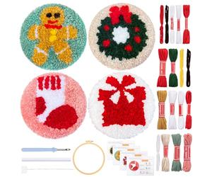 JSRQT 4Pcs Christmas Punch Needle Coasters Kit, Punch Needle Starter Kit for Beginner Adults with Sock Garland Gift Design, Rug Hooking Cross Stitch Beginner Embroidery Kit, for DIY Craft Decor