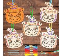 JSRQT 5 Pieces Craft Cross Stitch Kit Halloween DIY Wooden Sewing Cross-Stitch Pumpkin Keyring Decoration Arts Frame Embroidery Starter Set for Beginners Children Kids Needles Threads