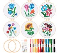JSRQT 6Pcs Flower Cross Stitch Beginner Kit for Adult Kids, DIY Craft Art Handmade Needlepoint Embroidery Kit for Craft Lovers with Tool Including 2 Embroidery Hoop, Instruction, Needle and Threads