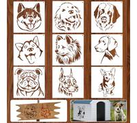 JSRQT 9Pcs Dog Stencils for Crafts Reusable, Cute Large Dog Head Plastic Templates for Wood, Animal Drawing Painting Stencils Set for Wall Home DIY Art Decor, 20×20CM