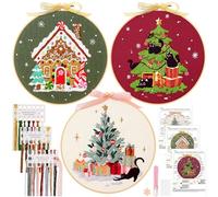 JSRQT Christmas Embroidery Kits for Adults Beginners 3 Pack Hand Embroidery Starter Kits with Xmas Tree Patterns Green Full Range of Cross Stitch Stamped Kit for Wife Craft Lover DIY Needlepoint Kit