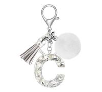 JSRQT Cute Bling Initial Letter C Keychains for Women, Sparkly Rhinestone Resin Alphabet Keyrings, Butterfly Tassel Poms Pendants Car Key Chain Bag Charm for Purse Backpack Handbag