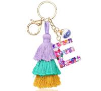 JSRQT Cute Boho Initial Letter Keychain, Resin Alphabet Letter Key Chain with Pom Pom Tassel Key Pendant, Purple Boho Fashion Keyrings Bag Charm for Women Girl Handbags Backpacks Car Keyrings(E)
