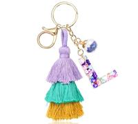 JSRQT Cute Boho Initial Letter Keychain, Resin Alphabet Letter Key Chain with Pom Pom Tassel Key Pendant, Purple Boho Fashion Keyrings Bag Charm for Women Girl Handbags Backpacks Car Keyrings(L)