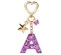 JSRQT Cute Purple Keyring Initial Letter Keychain, Butterfly Star Sequins Resin Alphabet A Letter Keyrings, Handmade Key Chains Tassel Poms, Sparkly Pendants for Bag Charm Gift